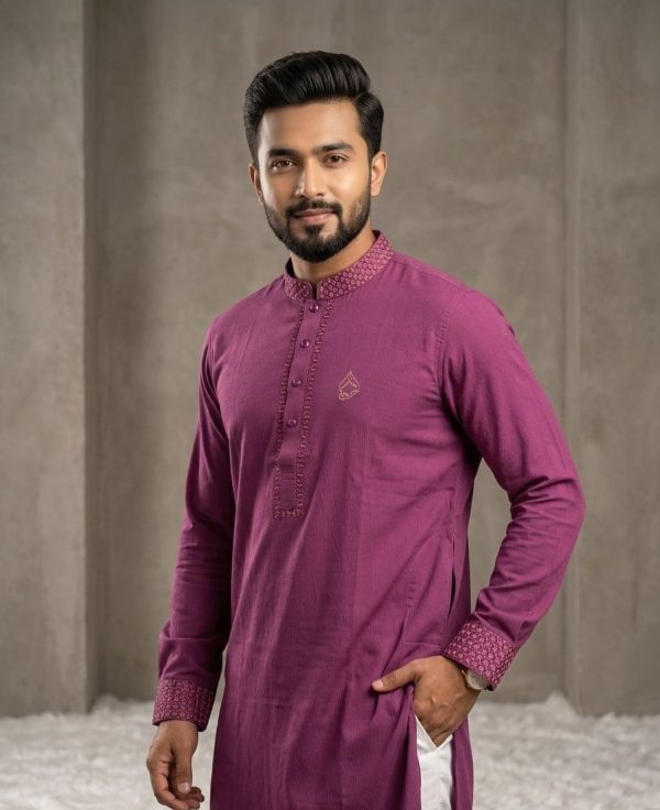 প্রিমিয়াম চায়না জাফরান ফেব্রিক এলিগেন্ট এমব্রয়ডারি পাঞ্জাবি [ Code-103 ] - Image 1